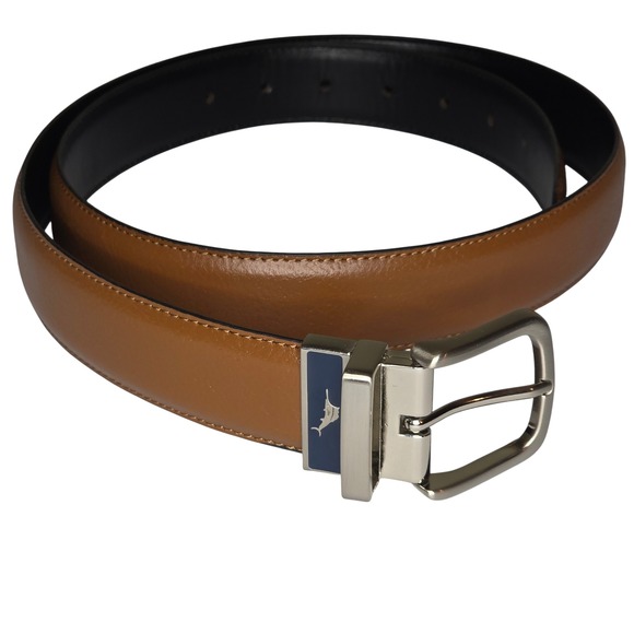 Tommy Bahama Mens 38 Leather Reversible Belt Brown Black Silver Buckle - Picture 1 of 9